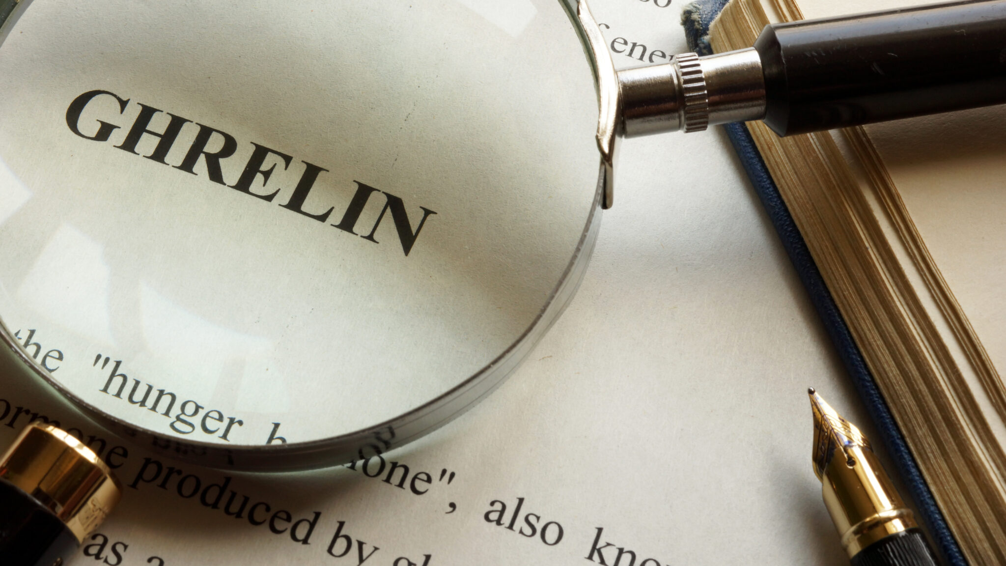 Magnifying glass on text to highlight the word ghrelin