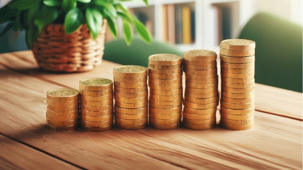 Coins in stacks on a table